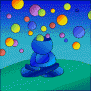 colored drawing of a man in meditation, with circles outgoing from his head